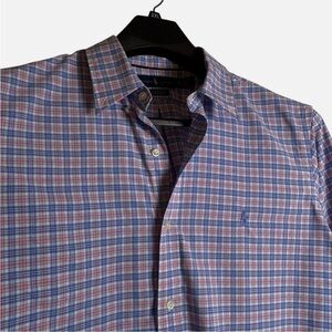Ralph Lauren Shirt Men's XL Classic Fit Button Performance Blue Pink Check Nylon